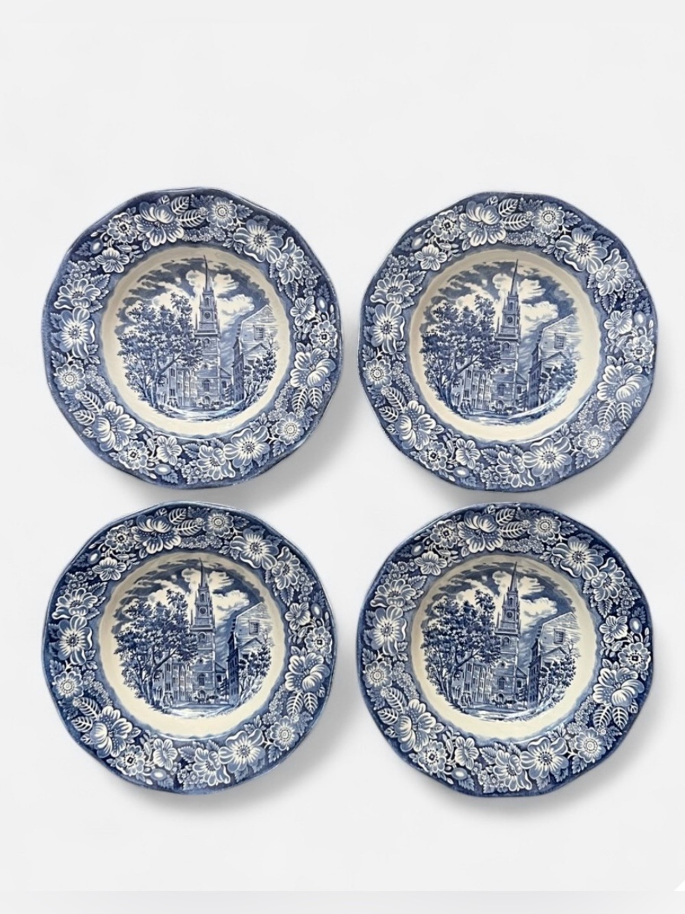 Vintage set of (4) Wedgwood Liberty Blue Old North Church soup bowls England